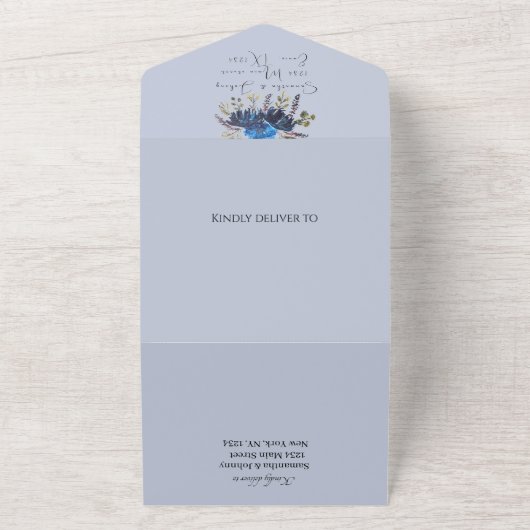 Marine & Dusty Blauw Bloemen Foto Bruiloft All In One Uitnodiging (Buitenkant)