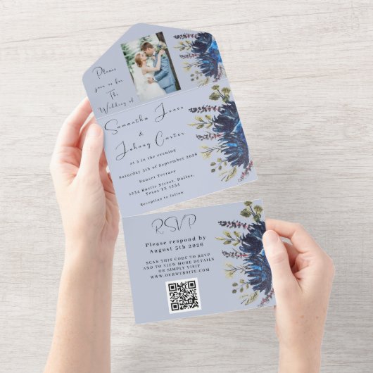 Marine & Dusty Blauw Bloemen Foto Bruiloft All In One Uitnodiging (Afscheurbaar)