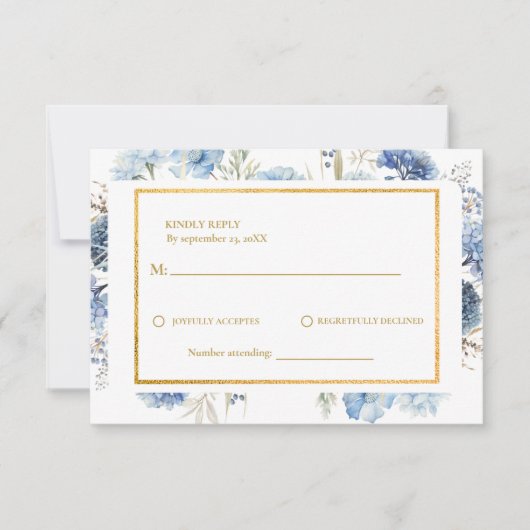 Marine Dusty Blue Floral Spring Bloom Wedding RSVP (Devant)