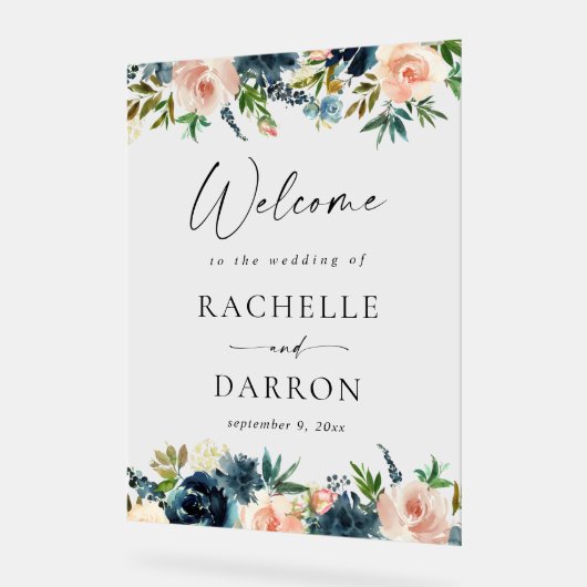Marine, Dusty Blue & Rose Floral Mariage Bienvenue (Angle)
