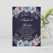 Marine Dusty Blue Rose Floral Wedding Invitations (Debout devant)