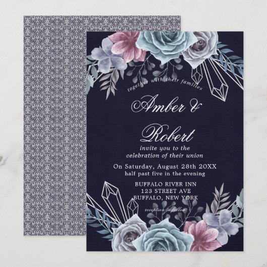 Marine Dusty Blue Rose Floral Wedding Invitations (Devant / Derrière)