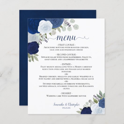 Marine & Dusty Blue Roses Budget Mariage Menu (Devant / Derrière)