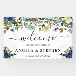 Marine en Blauwe Bloemen bruiloft welkom Spandoek