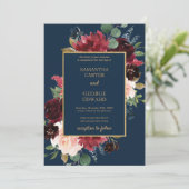 Marine en blos bordeaux bloemenboho gouden bruilof kaart (Staand voorkant)
