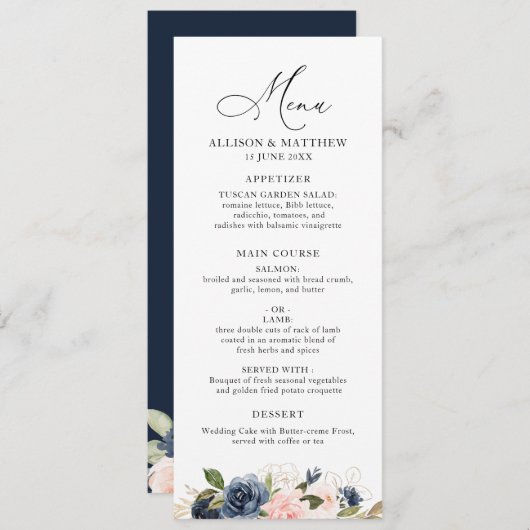 Marine en blozen bloemenbruiloft menu (Voorkant / Achterkant)