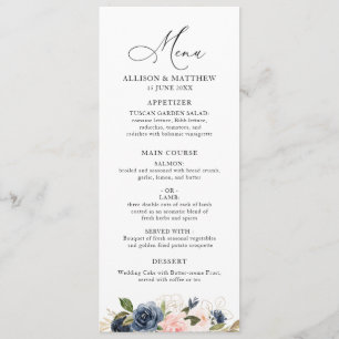 Marine en blozen bloemenbruiloft menu