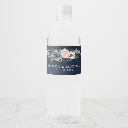 marine en blozen bloemenbruiloft waterfles etiket (Voorkant)