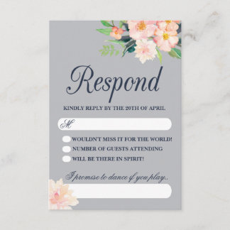 Marine en Blush Bloemen Bruiloft RSVP Kaartje