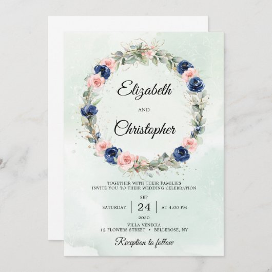 Marine en Blush Bloemen Eucalyptus Krans Trouwen Kaart (Voorkant / Achterkant)