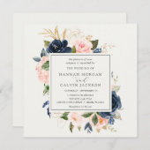 Marine en Blush Florals Bruiloft Kaart (Voorkant / Achterkant)