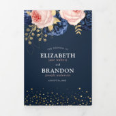 Marine en Blush Roze Bloemen Elegante Bruiloft Tri Drieluik Uitnodiging (Cover)