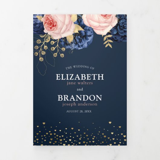 Marine en Blush Roze Bloemen Elegante Bruiloft Tri Drieluik Uitnodiging (Cover)