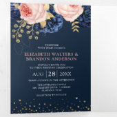 Marine en Blush Roze Bloemen Elegante Bruiloft Tri Drieluik Uitnodiging (Binnenzijde eerst)