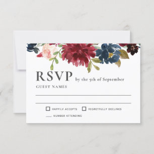 Marine en Bourgondië Elegant Bloemen Bruiloft RSVP Kaartje