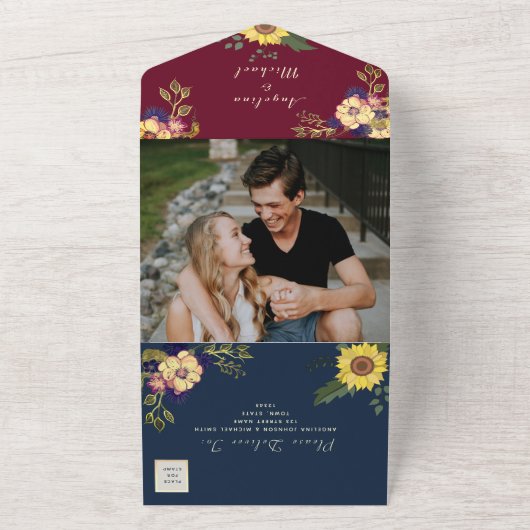 Marine en Bourgondische rustieke bloemen bruiloft All In One Uitnodiging (Buitenkant)