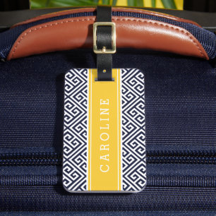 Marine en Geel Grieks Sleutel Aangepast Monogram Bagagelabel