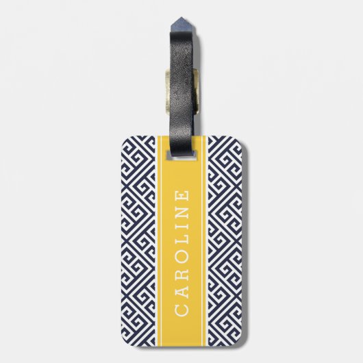 Marine en Geel Grieks Sleutel Aangepast Monogram Bagagelabel (Achterkant verticaal)