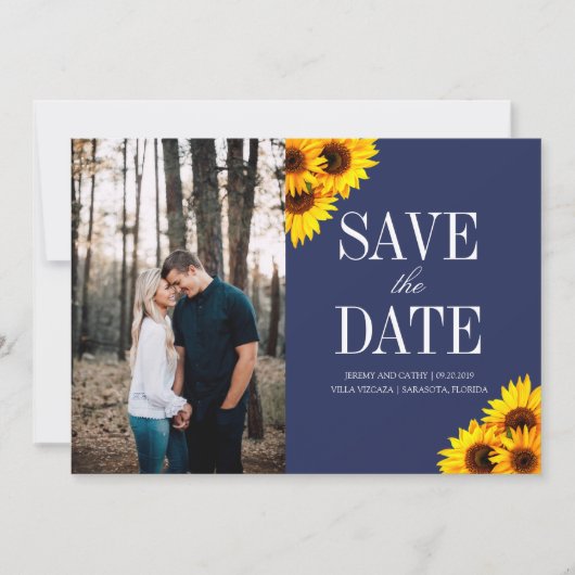 Marine en gele zonnebloemen redden de datum save the date (Voorkant)