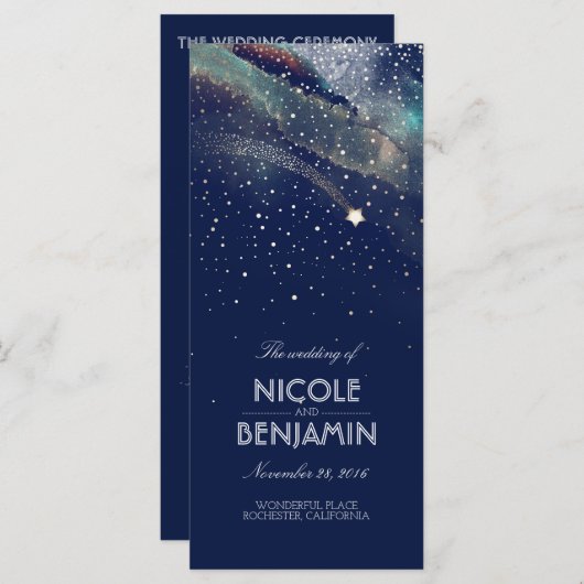 Marine en Gold Shooting Star Night Wedding Program Programma (Voorkant / Achterkant)