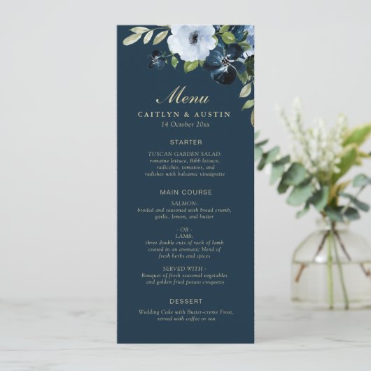 Marine en goud bloemenbruiloft menu (Staand voorkant)