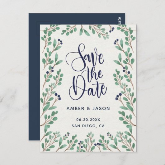 Marine en Goud botanische illustratie Save the Dat Briefkaart (Voorkant / Achterkant)