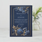 Marine en goud getextureerde bloemenbruiloft kaart (Staand voorkant)