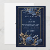 Marine en goud getextureerde bloemenbruiloft kaart (Voorkant / Achterkant)