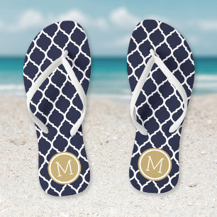 Marine en Goud Marokkaanse Quatrefoil Monogram Teenslippers