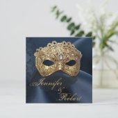 Marine en Goud Masquerade Bruiloft Uitnodiging (Staand voorkant)