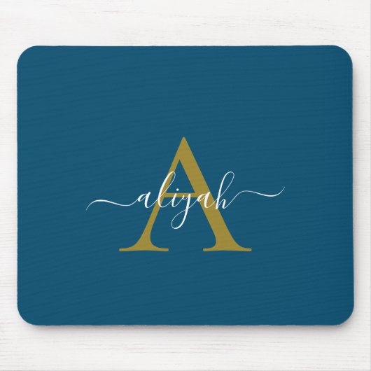 Marine en Goud Monogram Script Naam Custom Mousepa Muismat (Voorkant)