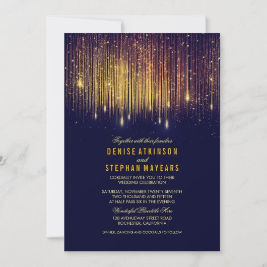 Marine en Gouden Bruiloft String Lights uitnodigen Kaart (Voorkant)