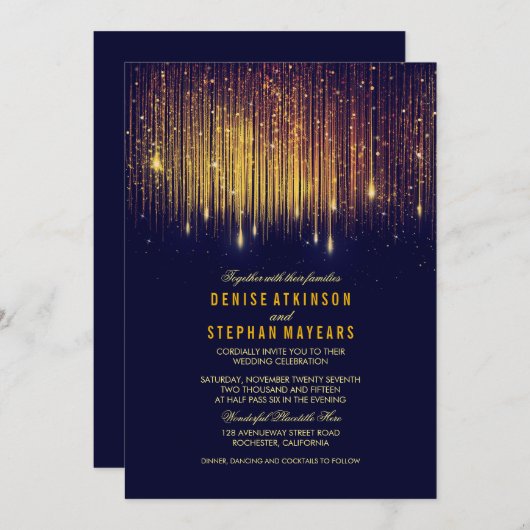 Marine en Gouden Bruiloft String Lights uitnodigen Kaart (Voorkant / Achterkant)