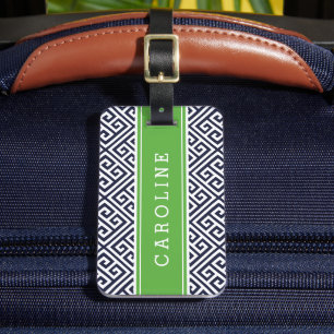 Marine en Groen Grieks Sleutel Aangepast Monogram Bagagelabel