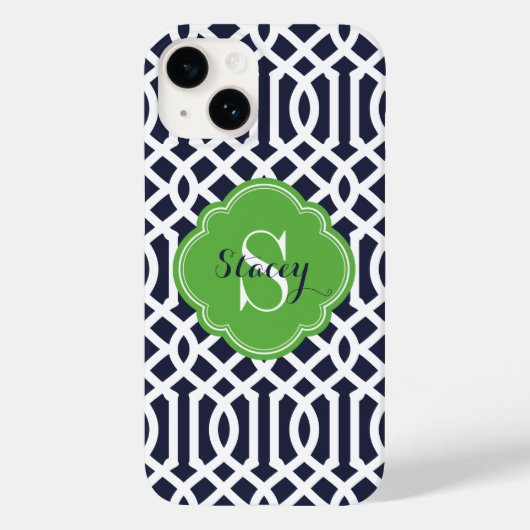 Marine en Groen Modern Trellis Monogram Case-Mate iPhone Case (Achterkant)