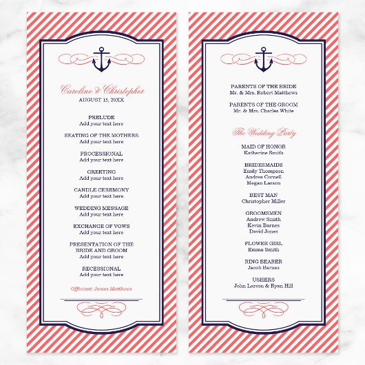 Marine en koraal nautische anker bruiloft programm programma