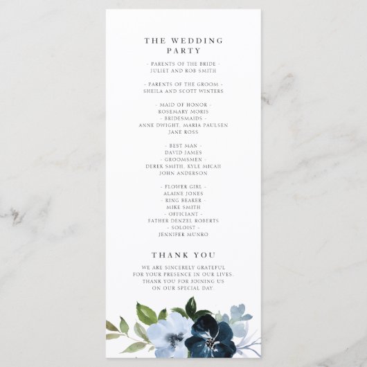 Marine en lichtblauw bloemenbruiloft programma (Achterkant)