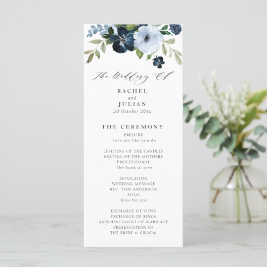 Marine en lichtblauw bloemenbruiloft programma (Staand voorkant)