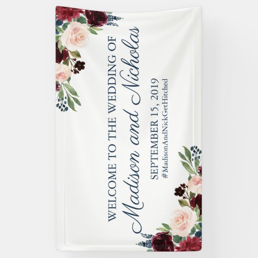 Marine en Marsala Bloemen Bruiloft Banner Decorati (Verticaal)