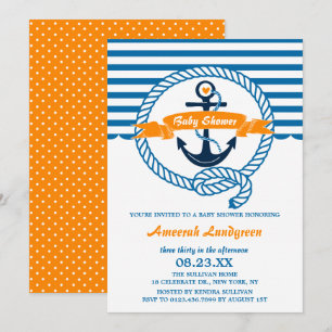 Marine en oranje nautische babyshower uitnodiging