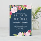 MARINE EN ROZE BRUILOFT UITNODIGING MET BLOEMEN (Staand voorkant)