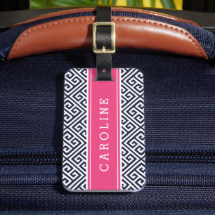 Marine en Roze Griekse Key Custom Monogram Bagagelabel