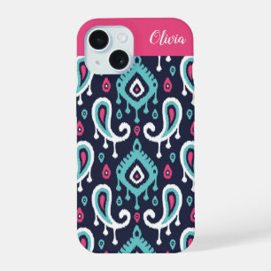 Marine en Roze Ikat Paisley Monogram iPhone 15 Hoesje