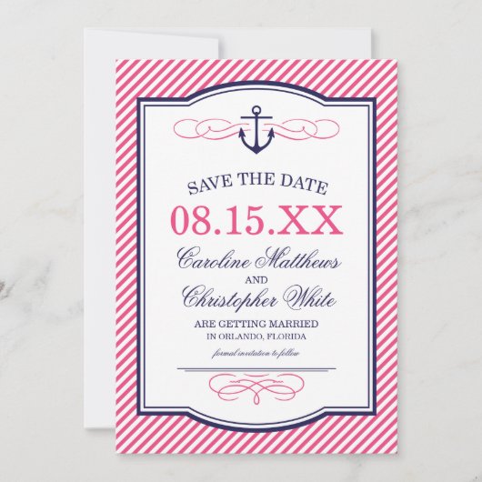 Marine en roze nautische anker Save the Date (Voorkant)
