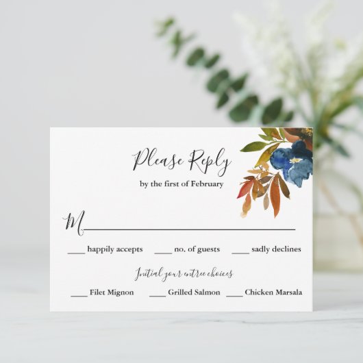 Marine en Rust Trouwantwoord met Voedselkeuzes RSVP Kaartje (Staand voorkant)