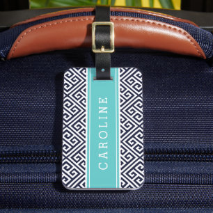 Marine en Turquoise Griekse Key Custom Monogram Bagagelabel