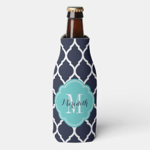 Marine en Turquoise Marokkaanse Quatrefoil Monogra Flesjeskoeler