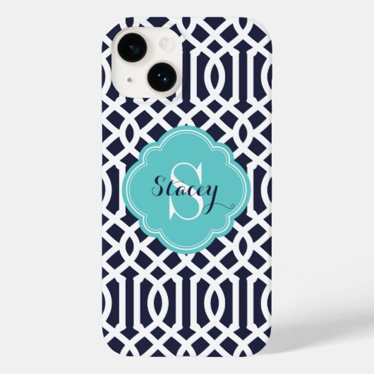 Marine en Turquoise Modern Trellis Monogram Case-Mate iPhone Case (Achterkant)