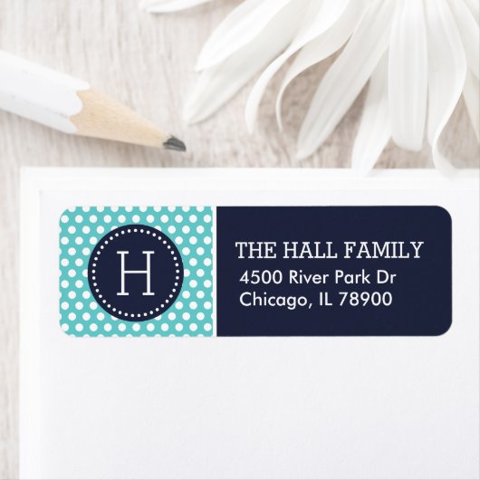 Marine en Turquoise Polka Dots Monogram Etiket (Insitu)