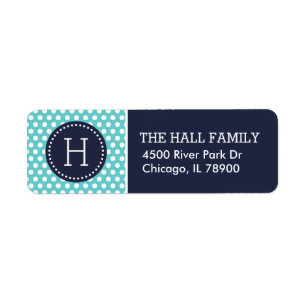 Marine en Turquoise Polka Dots Monogram Etiket